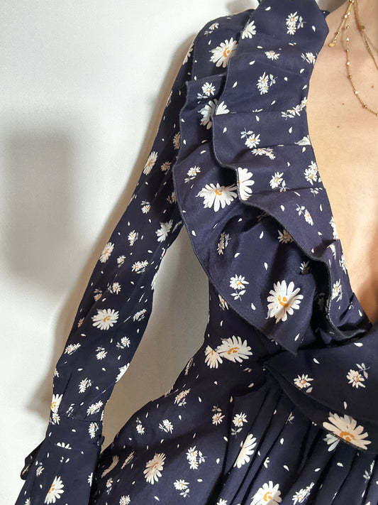 First, a front view of the Alessandra Rich Navy Silk Mini Dress highlights its daisy floral pattern.