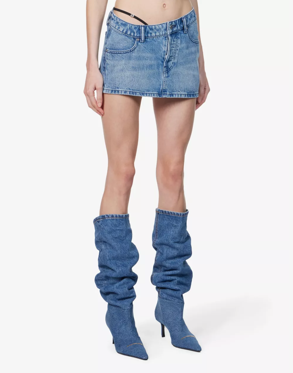 Alexander Wang Logo Mini Skirt in blue denim, showing adjustable waist straps
