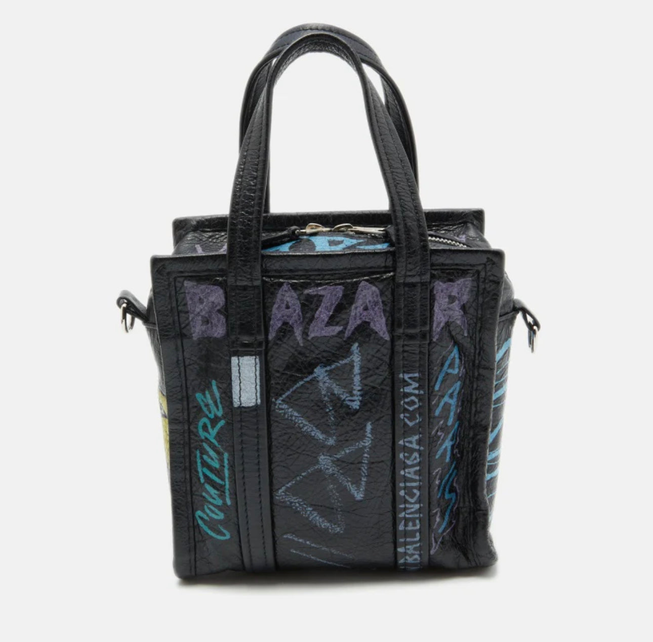 Balenciaga Black Bazar Mini Tote Bag with long strap and silver hardware