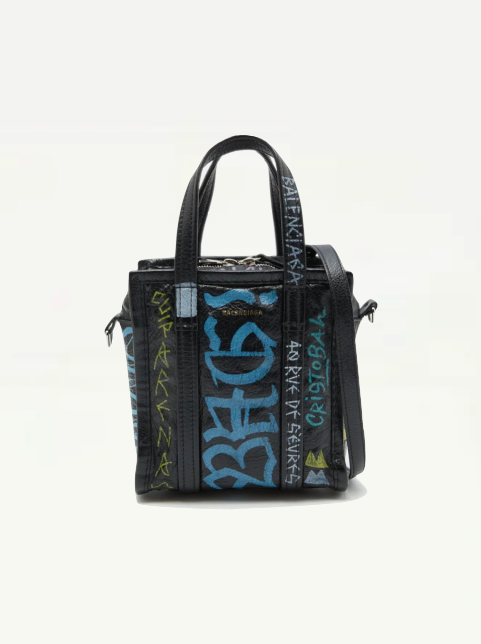 Balenciaga Black Graffiti Printed Leather Bazar Mini Tote Bag front view with silver hardware