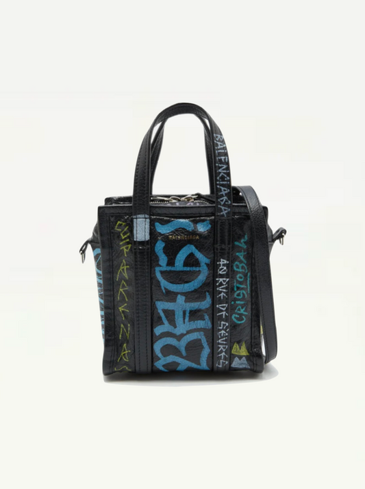 Balenciaga Black Graffiti Printed Leather Bazar Mini Tote Bag front view with silver hardware