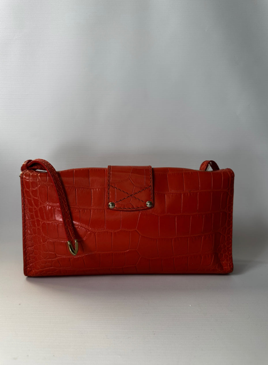 Jimmy Choo River Small Crocodile Embossed Leather Shoulder Bag in Orange with Gold Hardware