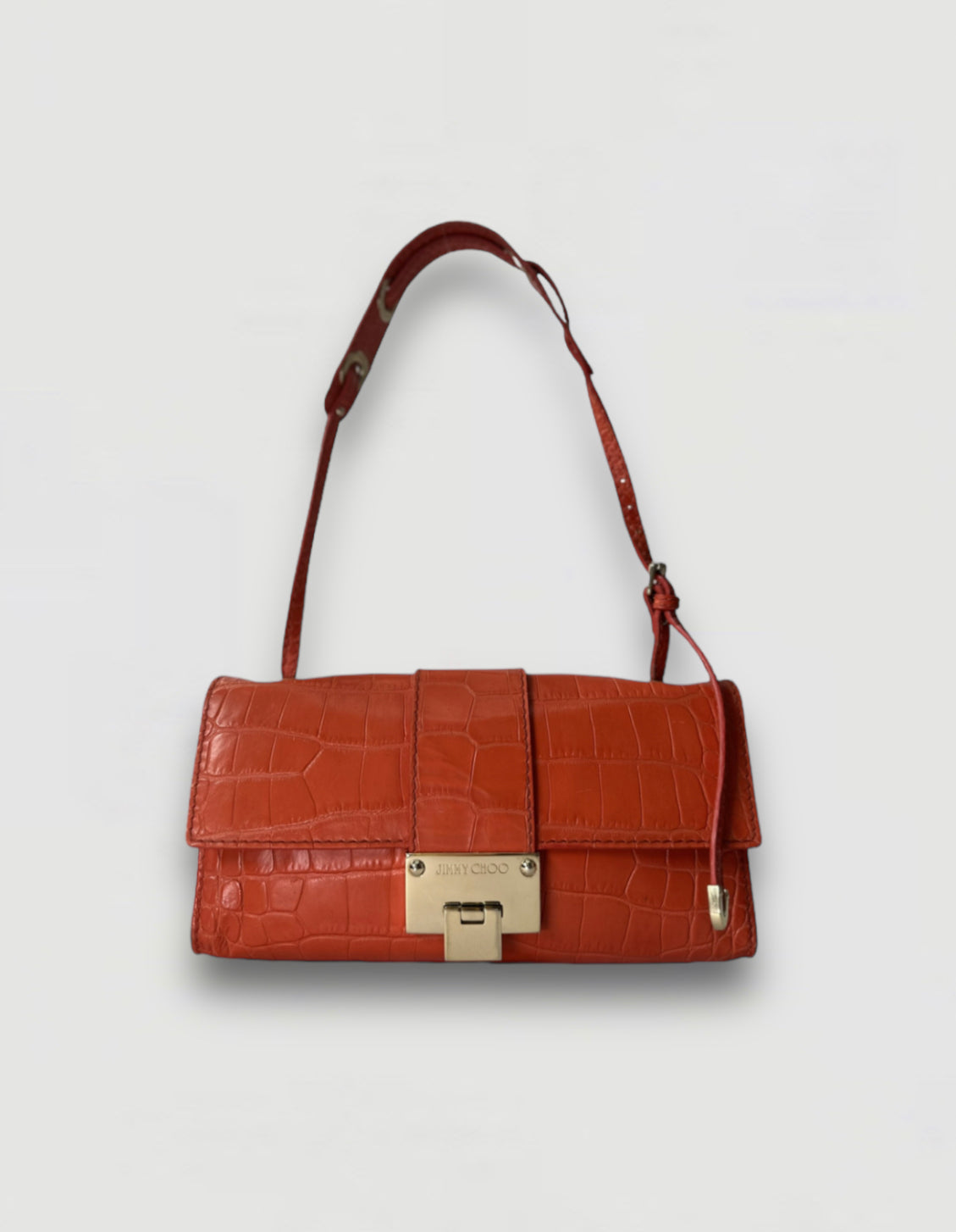 Jimmy Choo River Small Crocodile Embossed Leather Shoulder Bag in Orange with Gold Hardware