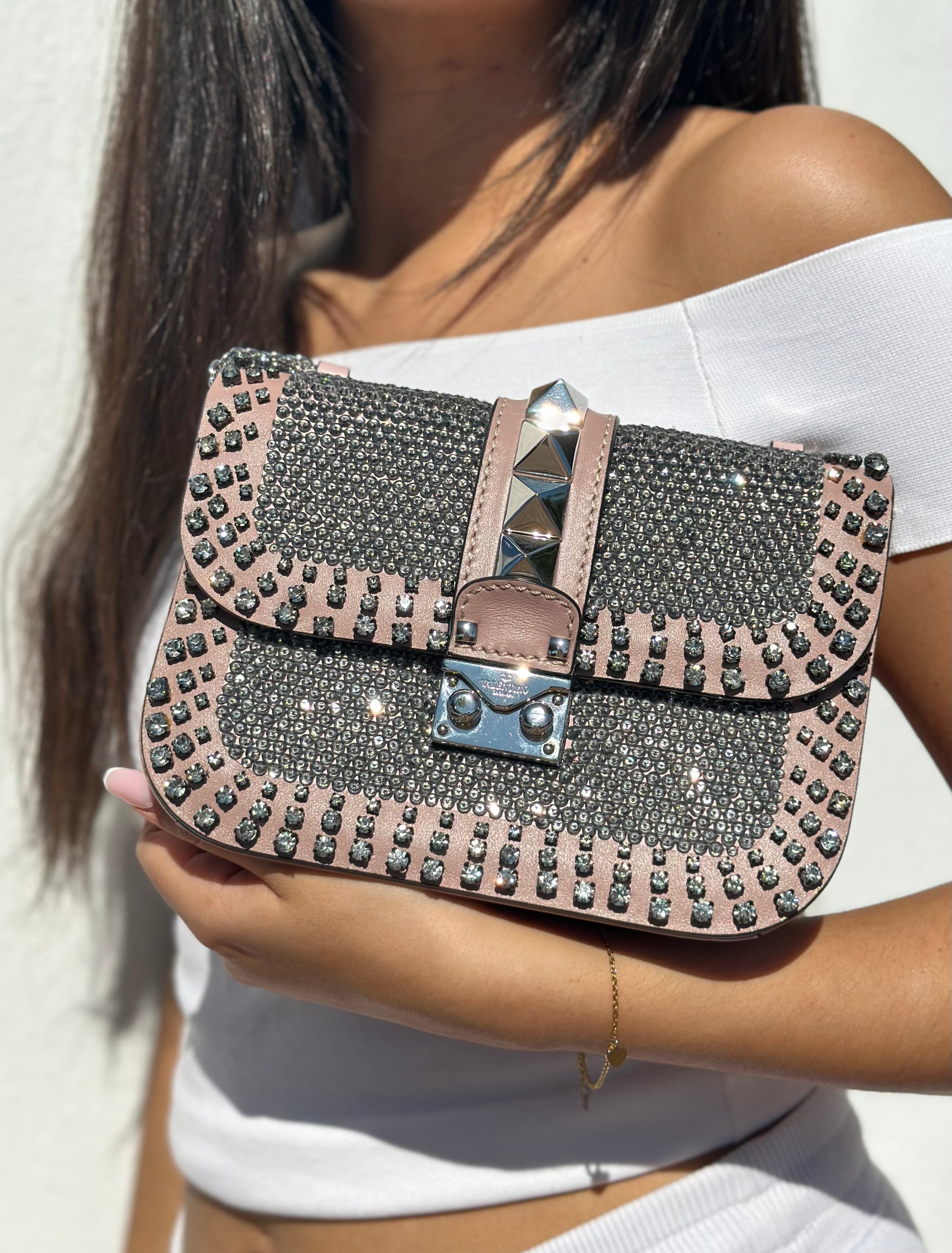 Valentino Garavani Nude Leather Medium Rockstud Embellished Glam Lock Relovluxe