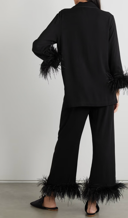 Sleeper Black Feather-Trimmed Crepe De Chine Pajama Set With Mother Of Pearl Buttons Size Small Retail Price - 430€