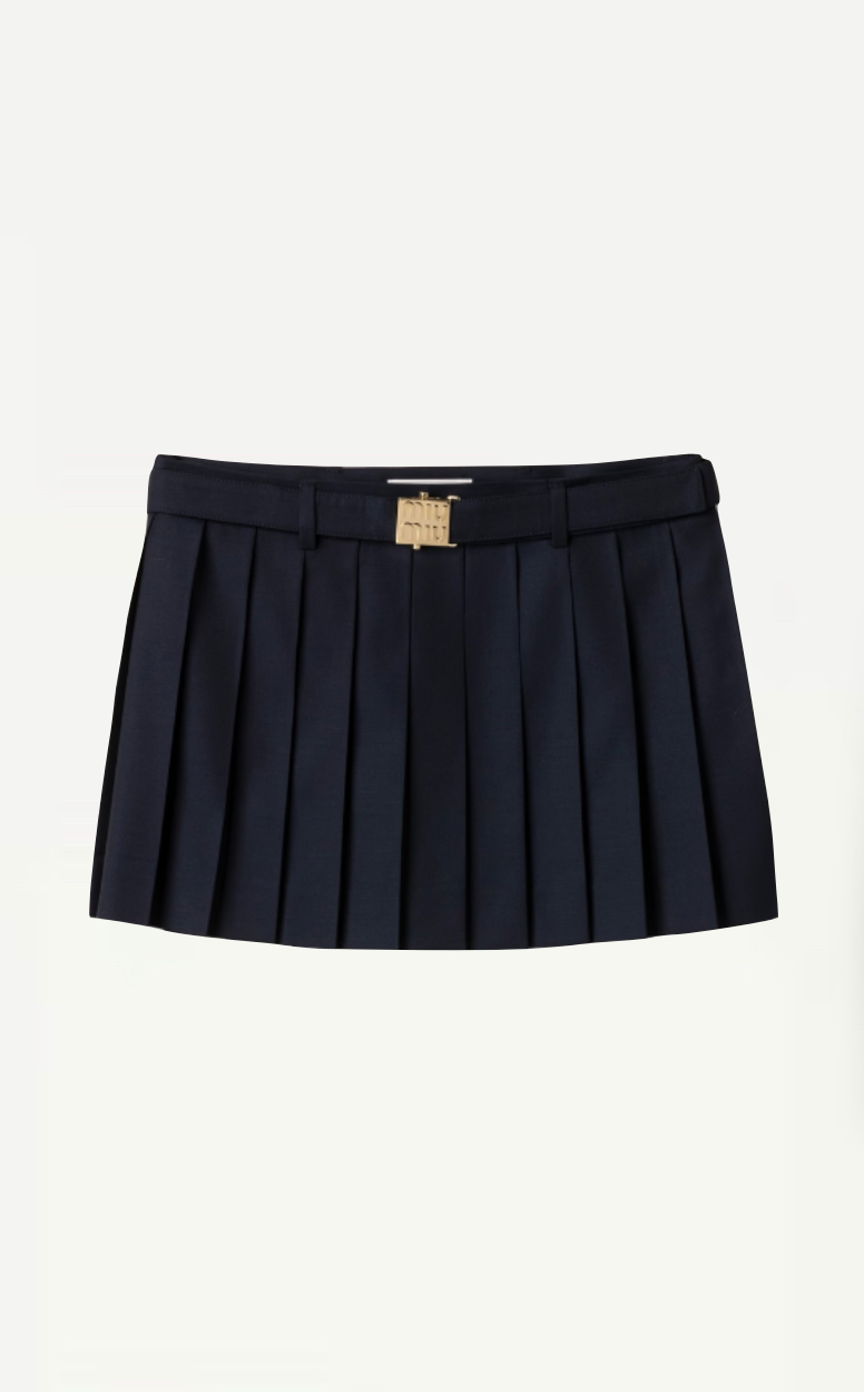 Miu Miu Navy Wool Pleated Mini Skirt With Gold Miu Miu Navy Wool Pleated Mini Skirt With Gold