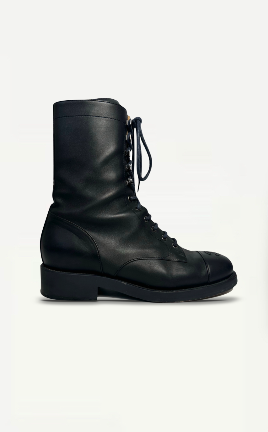Chanel Navy Combat Boots With CC Logo Size Europe 40.5 Relovluxe