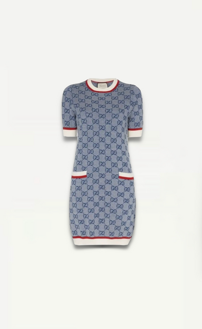 gucci sweater dress camel & brown wool 2024 MONOGRAM BOUCLE JACQUARD M knit from a wool and cotton blend Gucci Gg Logo Jacquard Shift