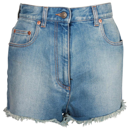 Finally, a side view displays the flattering fit and premium craftsmanship of the Gucci Cherry Denim Shorts.