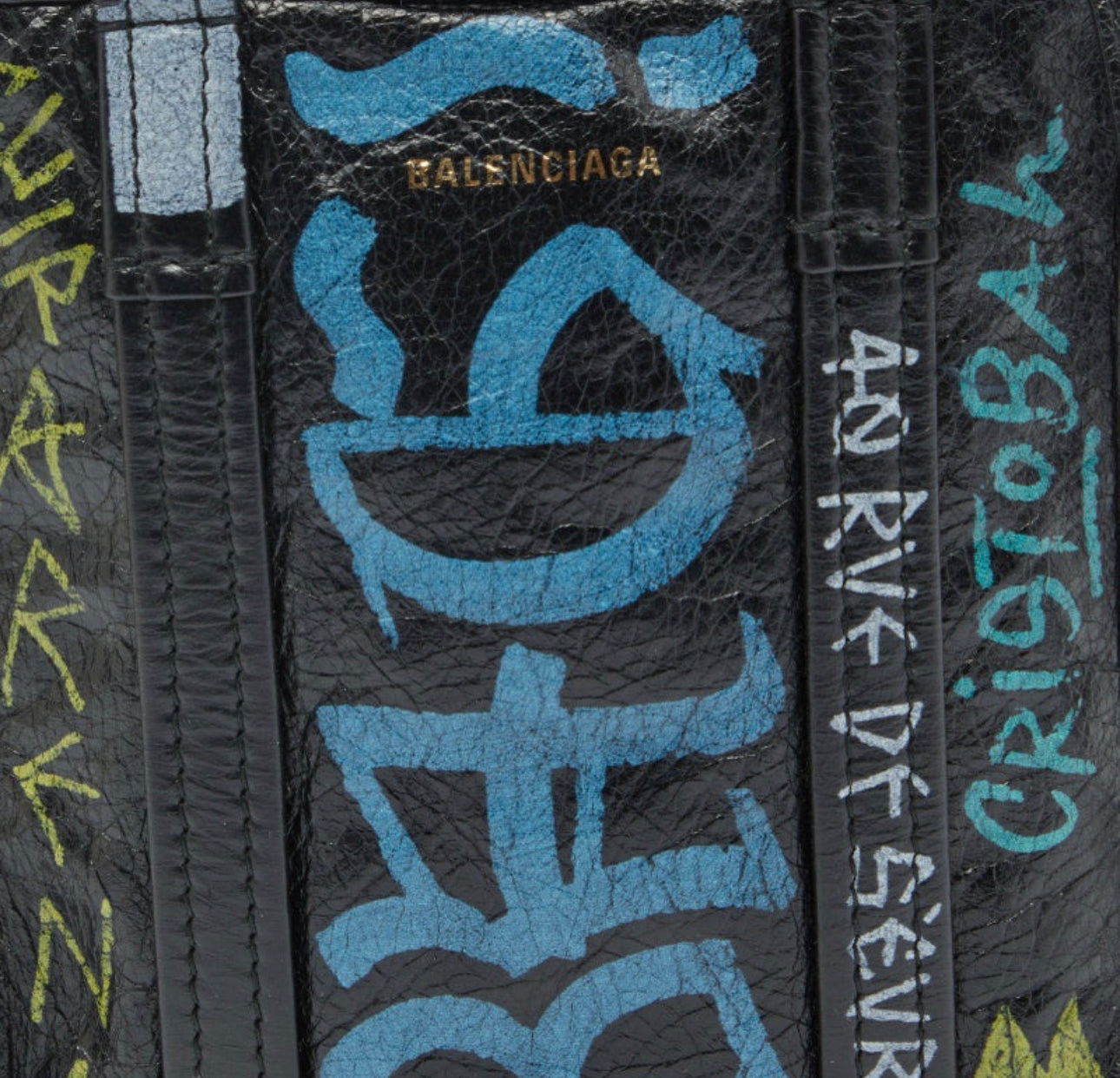 Side view of Balenciaga Graffiti Printed Leather Mini Tote Bag showing dimensions