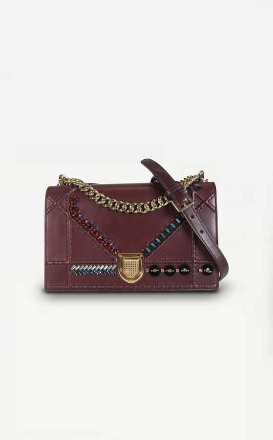  Front view of Dior Diorama Lady Art Crossbody Bag in burgundy leather